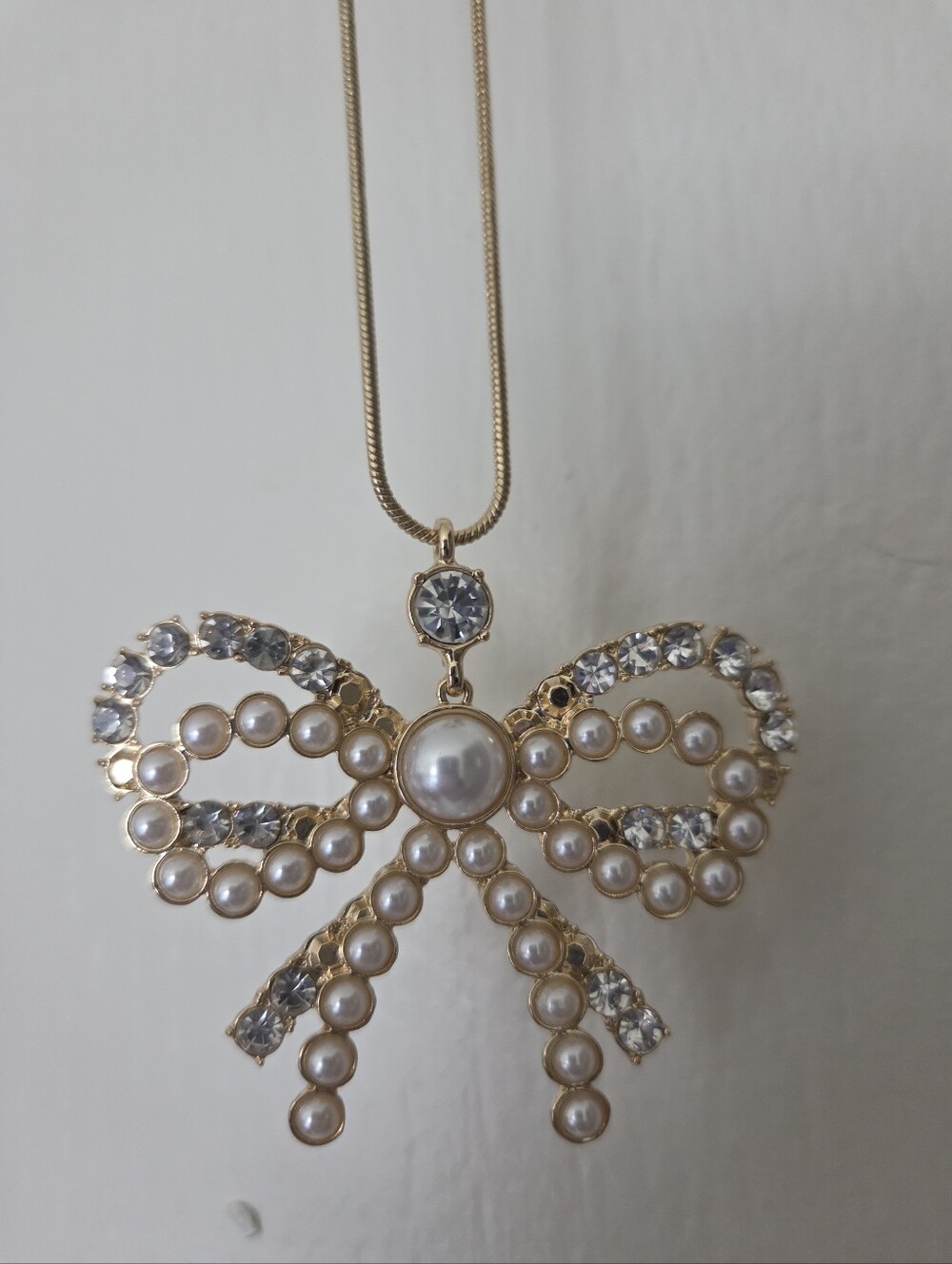 Lane Bryant Adjustable Length Gold-Tone Pearl & Crystal Bow Pendant Necklace